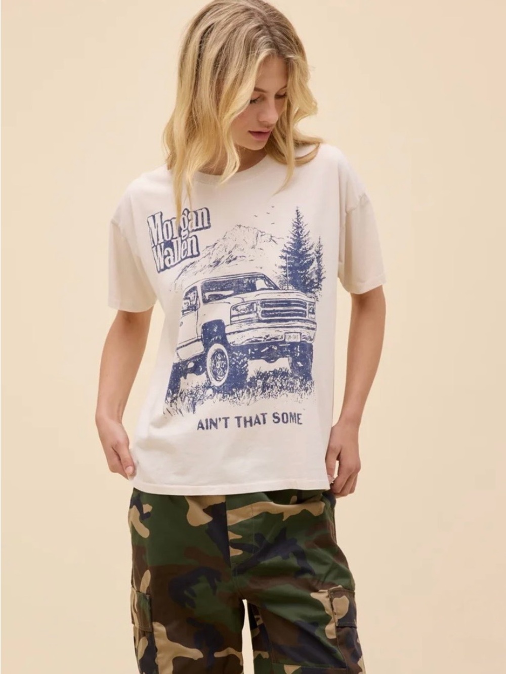 Daydreamer Cream Graphic Short Sleeve Tee with Blue Truck Print